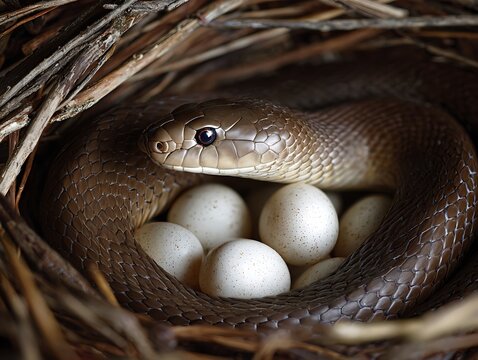 Mother snake guarding her clutch of eggs in a nest of twigs and branches.