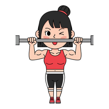 Adorable female athlete performing barbell overhead shoulder press, cute anime gym character lifting heavy weights vector illustration design artwork