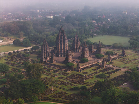 Aerial view of Prambanan Temple, the ancient Hindu temple complex with its towering stone spires and intricate carvings in Kecamatan Prambanan, Daerah Istimewa Yogya, Indonesia.