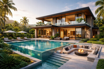 Fototapeta premium Luxury modern villa with infinity pool and tropical landscaping at sunset