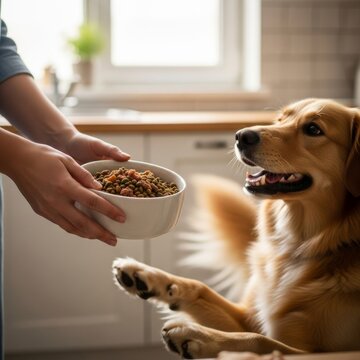 hands placing food bowl with pet waiting eagerly