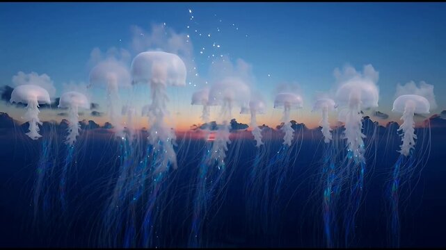 A breathtaking cinematic view of massive bioluminescent jellyfish drifting through the vibrant colors of the sunrise sky over the calm deep blue ocean water