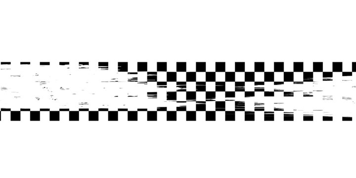Grunge racing flag pattern with a distressed texture in black and white. Tire track with diagonal checkered design for motorsport themes, banners, graphics overlays. Abstract vector illustration.
