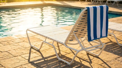 Fototapeta premium Empty lounge chair with a blue and white striped towel draped over it, situated beside a shimmering swimming pool on a warm, sunny day, inviting relaxation and leisure during a summer vacation