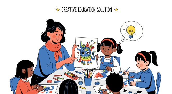 Creative education solution illustration showing a teacher guiding young students in an art class, fostering creativity and learning