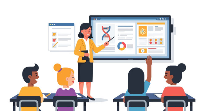 Modern classroom setting where a dedicated teacher uses an interactive smart board to educate a diverse group of attentive young students