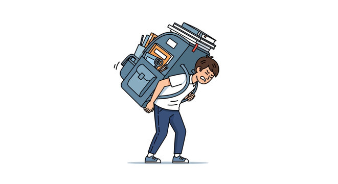 Student struggling to carry a heavy backpack full of books and supplies symbolizing academic burden and stress