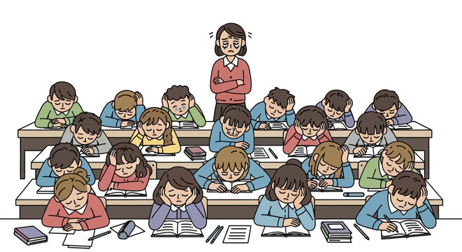 Frustrated teacher overlooks a classroom of weary students slumped over desks, battling boredom or exhaustion during a challenging lesson or exam