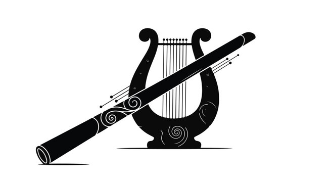 Classical lyre and scroll are depicted in a stylized black and white illustration on a clean background.