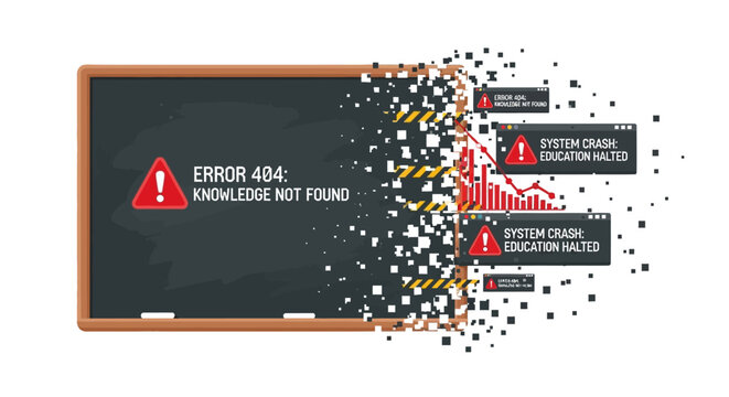 Computer Error 404 Knowledge Not Found message displayed on a disintegrating chalkboard, representing system failure and information loss