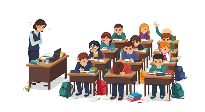 Overwhelmed teacher faces a classroom of bored and sleeping students, illustrating common educational challenges, lack of engagement, and academic struggle