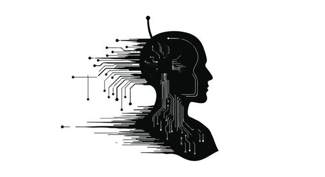 Silhouette of a human head dissolving into digital circuits and data streams, symbolizing artificial intelligence and connectivity.