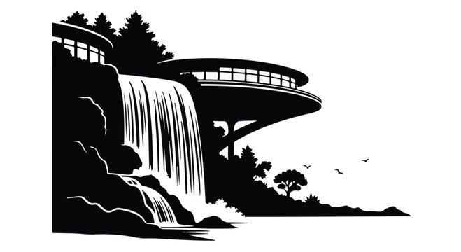 Architecture integrates a modern cantilevered building structure positioned directly above a natural waterfall.