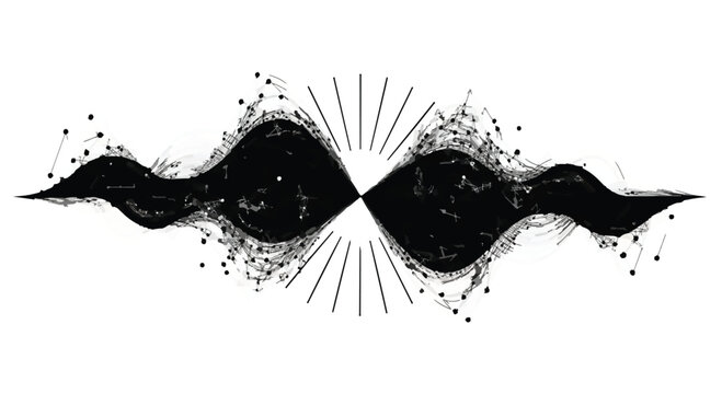 Abstract black and white waveform with radiating lines and scattered dots suggesting sound or energy.