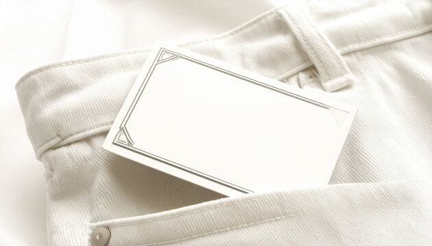 Blank card with decorative border in the pocket of light beige corduroy pants