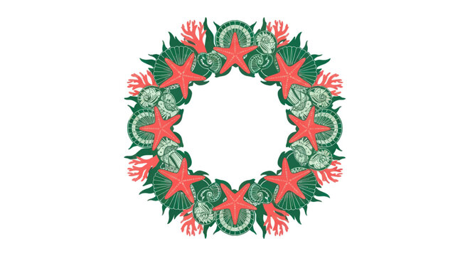 Marine life wreath with starfish, shells, and coral on a white background.