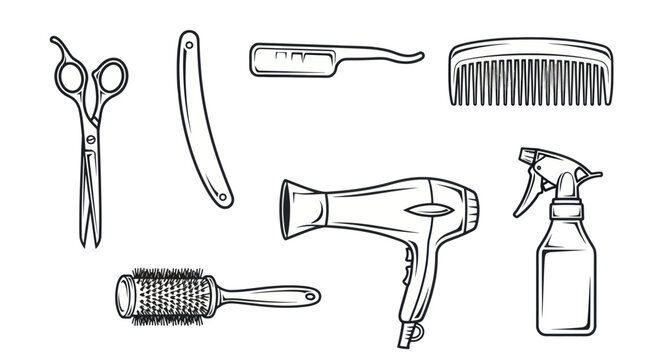 Set of black and white barber and hair styling tools