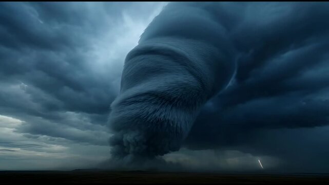Cinematic footage of an epic giant tsunami mega wave building under dramatic dark storm clouds showcasing incredible oceanic power and raw force