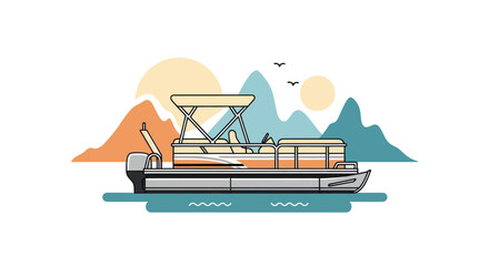 Pontoon boat on a lake with mountains and sun. © Vertu