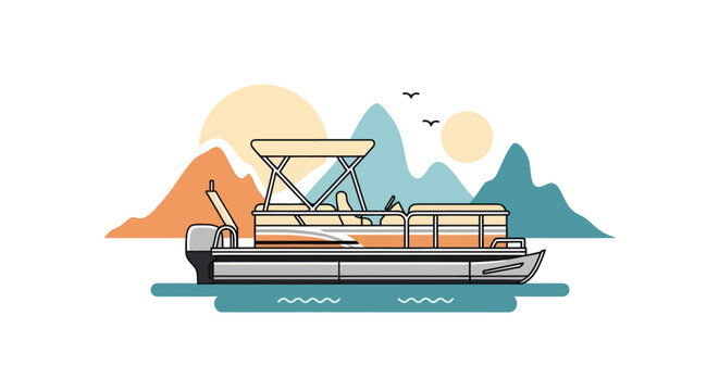 Pontoon boat on a lake with mountains and sun.