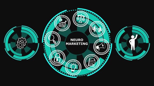 Neuro Marketing Concept with Representing Consumer Behavior Analysis and Strategy Planning on Black Background with Teal Accents.