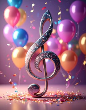 A sparkling treble clef surrounded by colorful balloons and confetti creates a festive, musical celebration atmosphere.