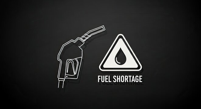 Stylized fuel pump icon and alert sign, dark background, fuel shortage, energy crisis Concept.