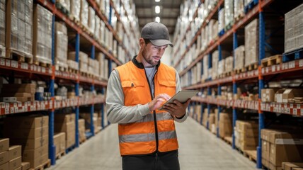 Fototapeta premium Male worker in an orange safety vest and cap uses a digital tablet for inventory control in a large warehouse aisle
