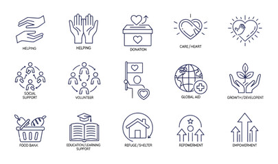 Fototapeta premium Premium 15 Charity Social Support Icons - Modern Volunteer, Donation Global Aid Symbols, Humanitarian Relief Graphics Empowerment Icons for Non-Profit Design