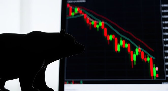 Silhouette bear standing, facing decreasing stock chart, financial crisis, economic collapse, bearish trend Concept.