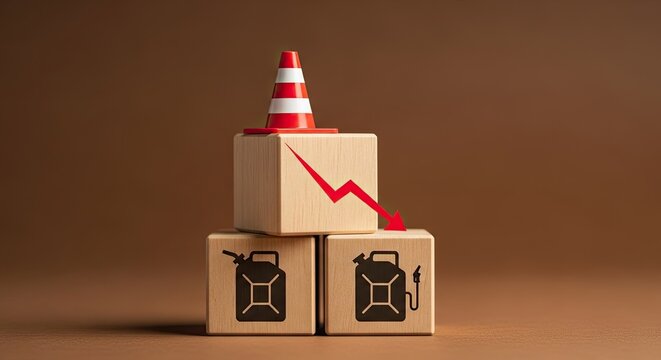Stacked wooden blocks with gas can icons, red downward arrow and traffic cone, declining price, Economy Concept.