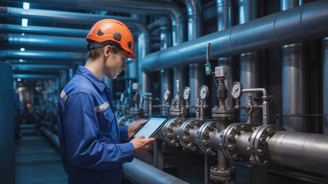 Engineer in a hard hat and uniform inspecting industrial pipelines and gauges with a digital tablet in a modern factory