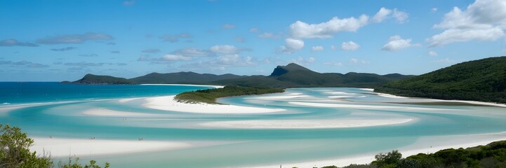 Panoramic view of whitsunday island queensland australia whitehaven beach on sunny day with blue sky and turquoise water.