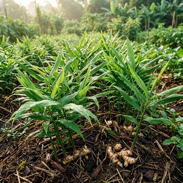 Field of young ginger plants with visible rhizomes growing in rich soil under warm morning light