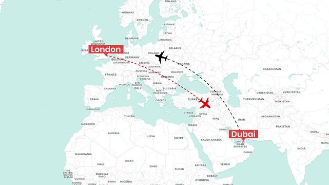Airplane flight route animation from London to Dubai across a digital world map