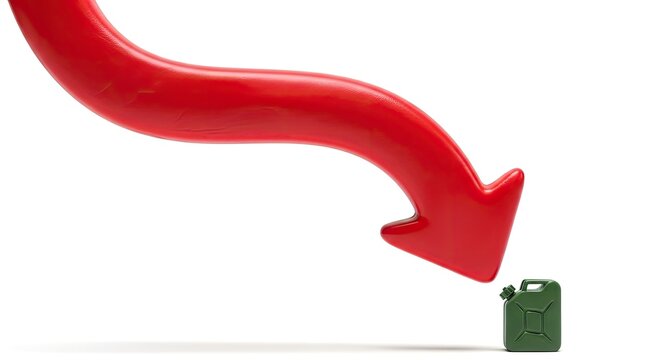 Red arrow pointing downwards, green fuel can, isolated on white, financial crisis, economic downturn Concept.