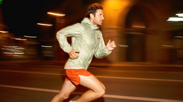 A focused male athlete running outdoors at night, his figure blurred by motion to highlight the intensity and pace of his workout