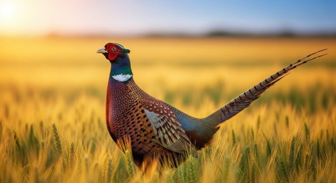 Majestic Pheasant in Golden Field at Sunset - Wildlife Portrait.