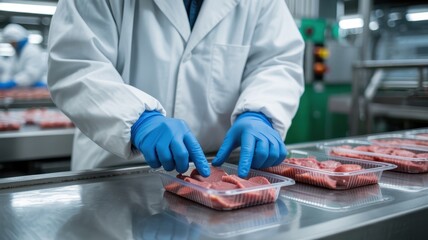 Obraz premium Worker in lab coat and blue gloves packages fresh raw meat on a conveyor belt in a modern food processing factory