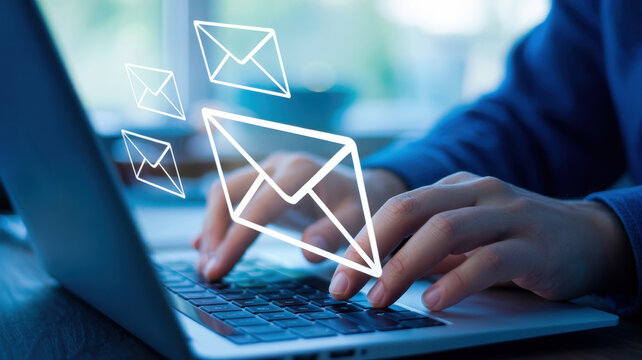 Person typing on a laptop keyboard with multiple email icons floating above, symbolizing digital communication, online messaging, and internet connectivity in a modern business or personal context