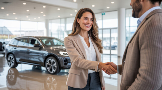 Professional woman and car salesman sealing a deal with a handshake in a bright, contemporary automobile showroom