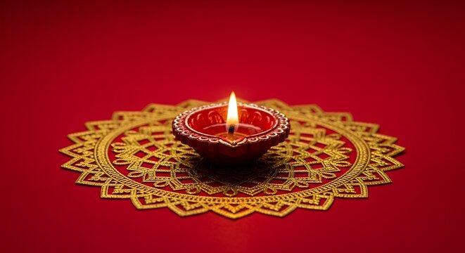 Diwali diya oil lamp lit on a golden rangoli pattern, red background