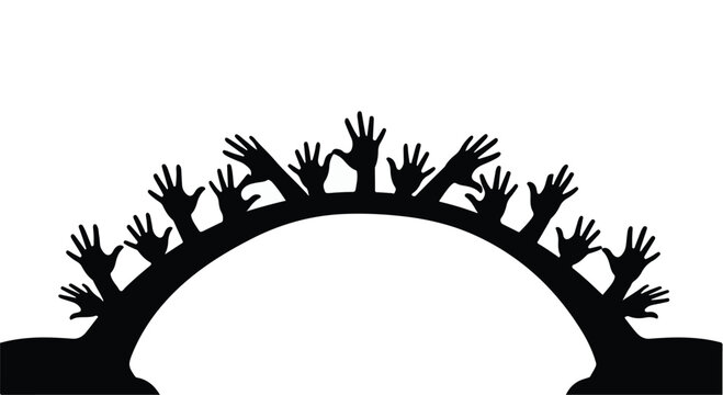 Silhouette of numerous hands reaching upwards from an arched base, symbolizing unity or aspiration.
