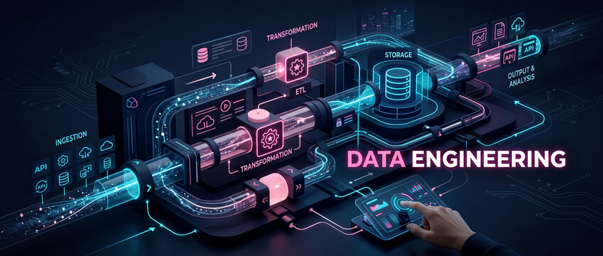 Data pipeline illustration with glowing neon tubes and abstract digital flow during processing