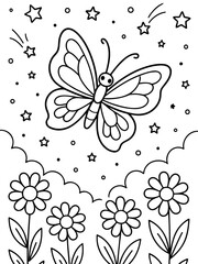 Fototapeta premium Fluttering Butterfly and Floral Embrace: A whimsical illustration depicts a beautiful butterfly gracefully soaring above a field of daisies, stars, creating a scene of nature's simple beauty.