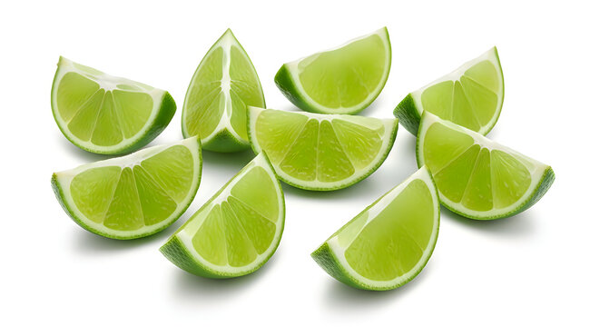 Fresh green lime wedges on white background 