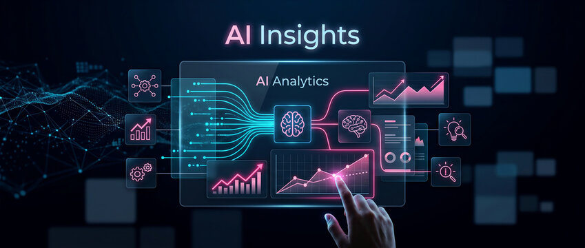 Digital brain analyzing data streams with glowing charts and graphs in a futuristic interface