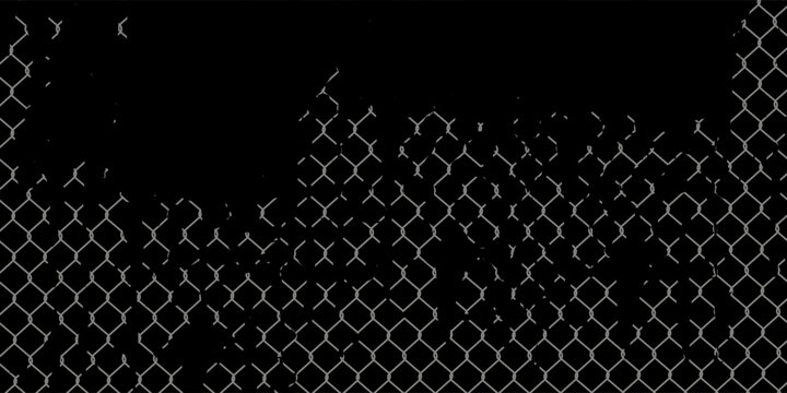 Holes in wire mesh of steel fence vector illustration. 3d realistic torn metal chains of net cage or construction barrier, broken boundary iron wires and chainlink of prison or metallic safety border.