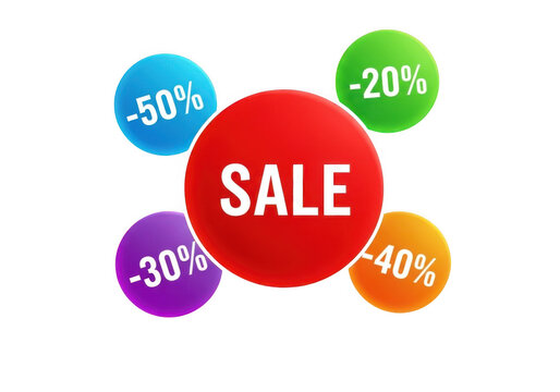 Bright red sale badge with percentage discount stickers in blue, green, purple, and orange, isolated on transparent background