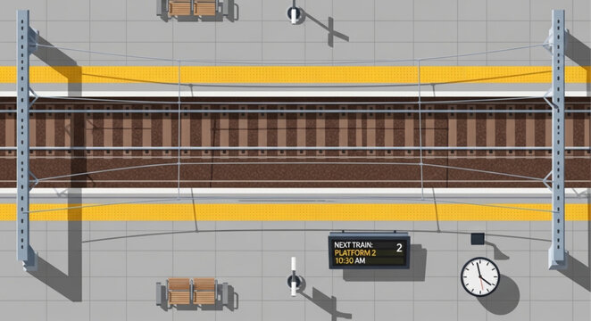 Train station platform overhead view with tracks and signage.